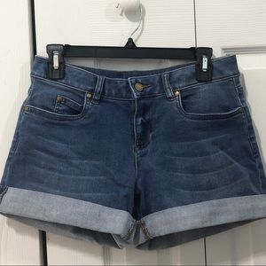 blue medium washed denim cuffed shorts